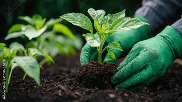 Fototapeta Man in green gloves checking quality of the soil on the farm Concept of farming growing plants and working on the ground Organic farming concept. Creative Banner. Copyspace image