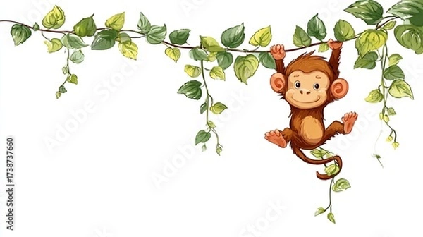 Obraz A cartoon monkey with a smiling face hangs from a vine of leaves against a white background