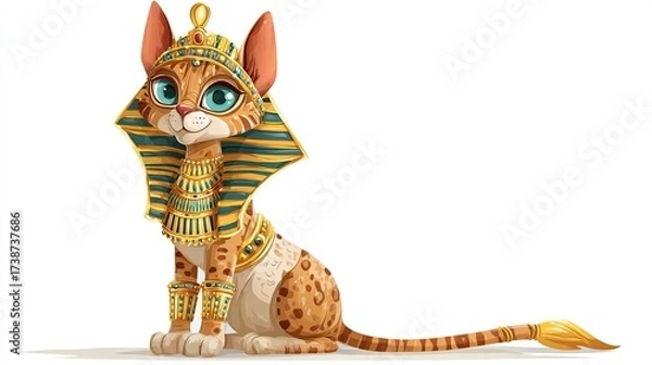 Fototapeta A charming cartoon cat, adorned in golden Egyptian pharaoh regalia, poses with a friendly expression