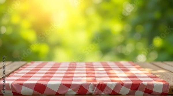Obraz Sunny picnic scene ready for your summer event with a red and white checkered tablecloth and bright green bokeh background creating an inviting outdoor space