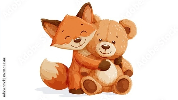 Fototapeta A cheerful orange fox embraces a brown teddy bear; both smiling sweetly against a white backdrop