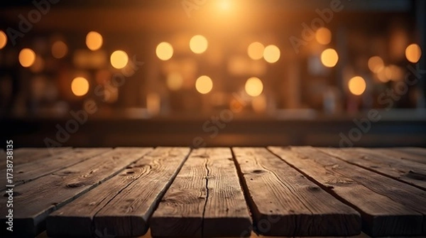Fototapeta Rustic wooden table awaits your product, perfect for showcasing drinks, food, or crafts against warm, inviting bokeh lights background