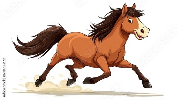 Fototapeta A vibrant cartoon horse gallops joyfully across a white backdrop, showcasing motion and a friendly expression