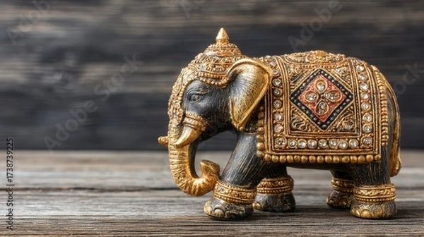 Fototapeta Mirror magical, fortune telling and fulfillment of desires. Golden elephant on a wooden table. Dark room, light effect. Beautiful statuette of an elephant on the background.