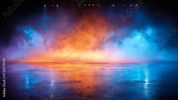 Fototapeta Mystical mist. Swirling smoke in dark and light symphony. Fluid fantasia. Abstract dance of fog and light on the floor with a black background. Panoramic view of the abstract fog.