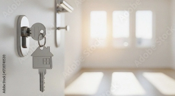 Obraz House-Shaped Key Fob on Silver Door Lock Against White Wall – Sunlit Empty Room Symbolizing New Home Transition