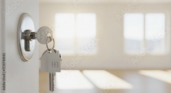 Obraz House-Shaped Key Fob on Silver Door Lock Against White Wall – Sunlit Empty Room Symbolizing New Home Transition