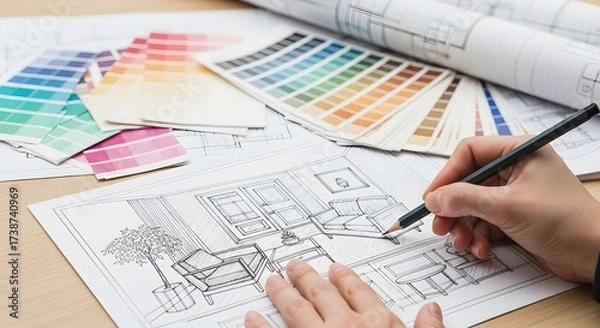 Obraz Interior Designer Sketching Furniture with Pencil and Ink on Paper – Hand-Drawn Design Surrounded by Swatches and Blueprints