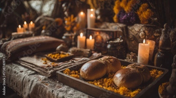 Fototapeta Pan de Muerto traditional recipe from Mexico, adorned with candles and cempasuchil flower petals, in the diffuse background, commemorating the Day of the Dead.