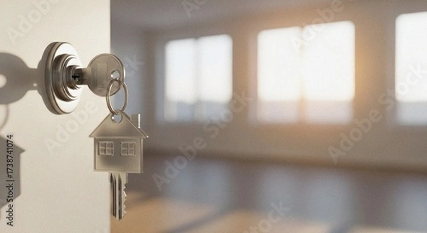 Obraz House-Shaped Key Fob on Silver Door Lock Against White Wall – Sunlit Empty Room Symbolizing New Home Transition