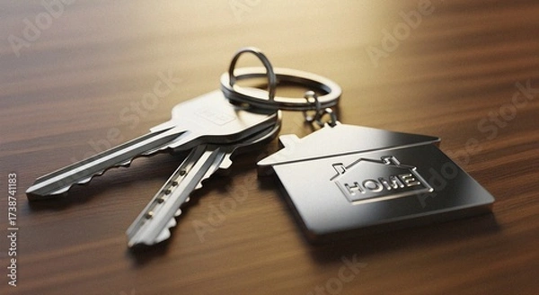 Obraz House-Shaped Metal Key and Keychain on Wooden Table Representing Real Estate Concept – Ultra-Realistic Close-Up with High Detail