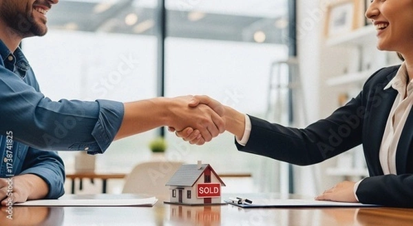 Obraz Real Estate Deal Handshake Over House Model, Contract, and Keys on Office Desk – Home Sale Agreement with Agent and Client Concept