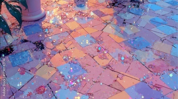 Fototapeta Pastel Dreamscape: A mesmerizing checkered floor bathed in a vibrant, pastel aurora borealis. Sparkling stars add a touch of magic to this dreamy, ethereal scene.