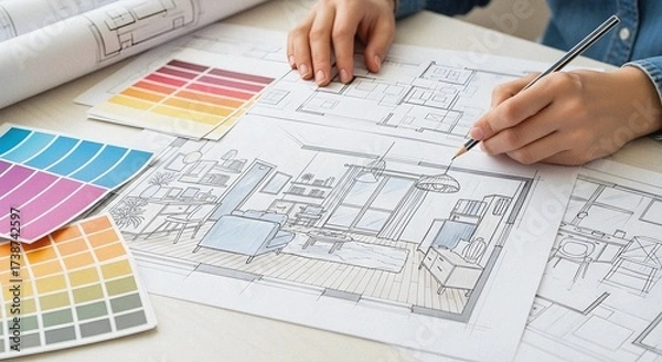Obraz Interior Designer Sketching Furniture with Pencil and Ink on Paper – Hand-Drawn Design Surrounded by Swatches and Blueprints