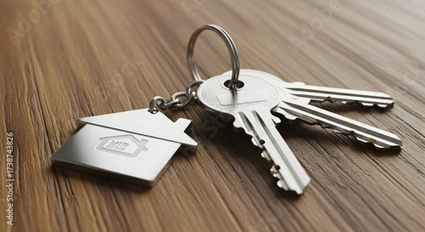 Obraz House-Shaped Metal Key and Keychain on Wooden Table Representing Real Estate Concept – Ultra-Realistic Close-Up with High Detail