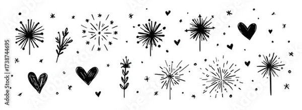 Fototapeta Black and White Decorative Elements Pattern Illustration with Dandelion Sprays and Heart Shapes