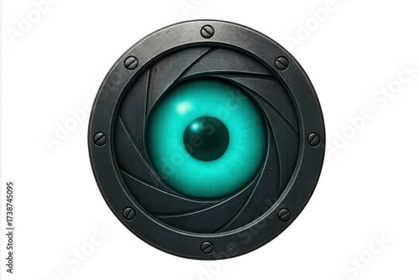 Fototapeta Futuristic cyborg eye watching through a camera lens shutter