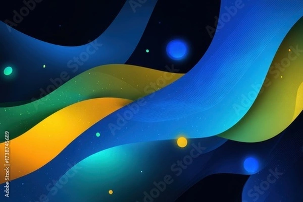 Obraz Luminous Cosmic Waves of Layered Blue and Gold with Glowing Orbs.