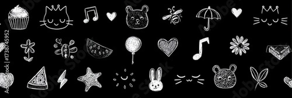 Fototapeta Collection of Simple White Icons and Symbols on Black Background Representing Diverse Concepts