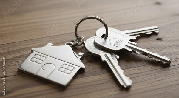 Obraz House-Shaped Metal Key and Keychain on Wooden Table Representing Real Estate Concept – Ultra-Realistic Close-Up with High Detail