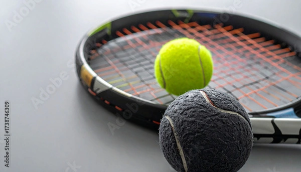Fototapeta Close up of a padel ball and rackets, grey background