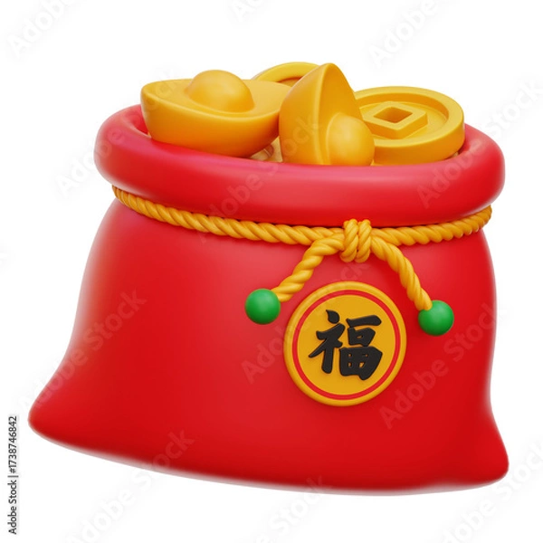 Obraz Red Money Sack Overflowing with Golden Ingots and Coins on Transparent Background