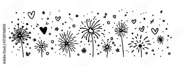 Fototapeta Festive Fireworks Display with Heart Stars and Geometric Shapes in Monochrome