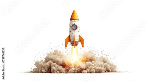 Obraz A cartoon rocket blasts off, with flames and smoke erupting from its base. White background