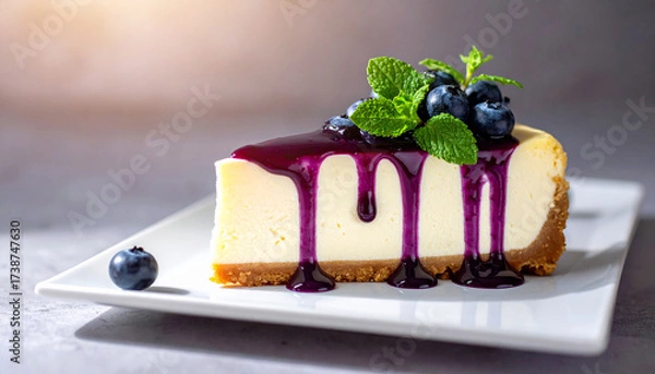 Fototapeta Sliced cheese cake with mint and blueberry compote; closeup view 
