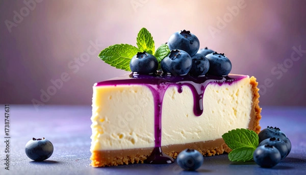 Fototapeta Sliced cheese cake with mint and blueberry compote; closeup view 