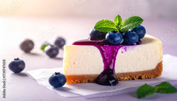 Fototapeta Sliced cheese cake with mint and blueberry compote; closeup view 