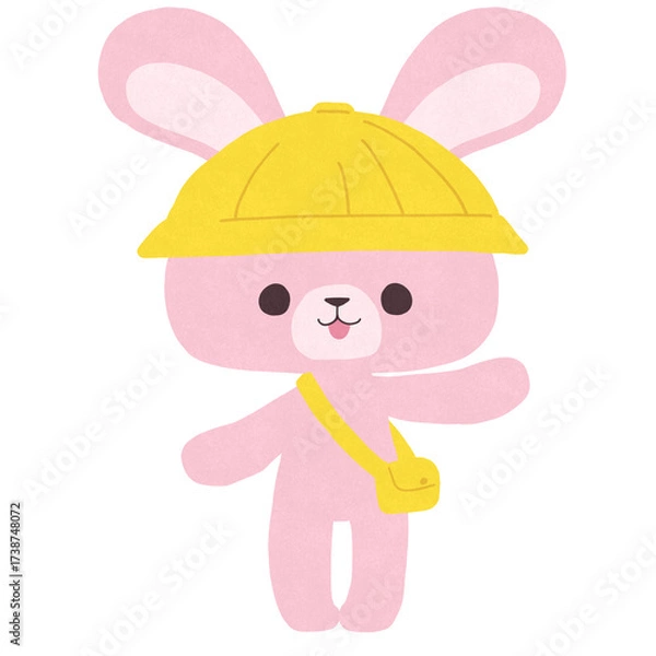 Obraz 黄色い帽子とカバンを身に着けたウサギのイラスト