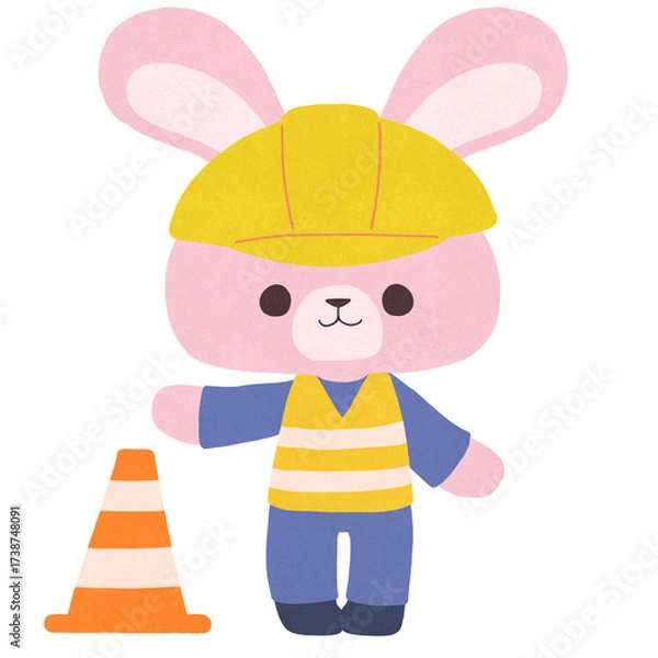 Obraz 黄色いヘルメットと安全ベストを着たウサギのイラスト