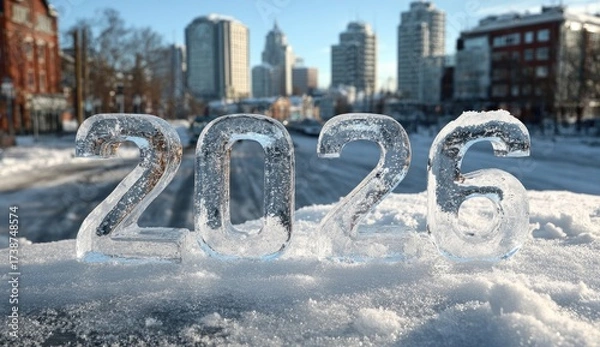 Fototapeta Icy 2026 Text on Snowy Ground with Cityscape Background at Daytime