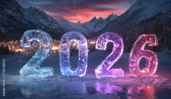 Fototapeta Illuminated 2026 Ice Sculpture Displayed Against Snowy Mountain Landscape at Dusk