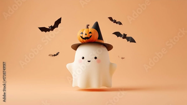 Fototapeta Playful 3D ghost wearing a witch hat surrounded by pumpkins and bats, capturing lighthearted Halloween festivity.