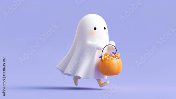 Fototapeta Cheerful 3D ghost carrying a pumpkin-shaped bucket filled with candies, designed for Halloween greeting cards and cute festive projects.