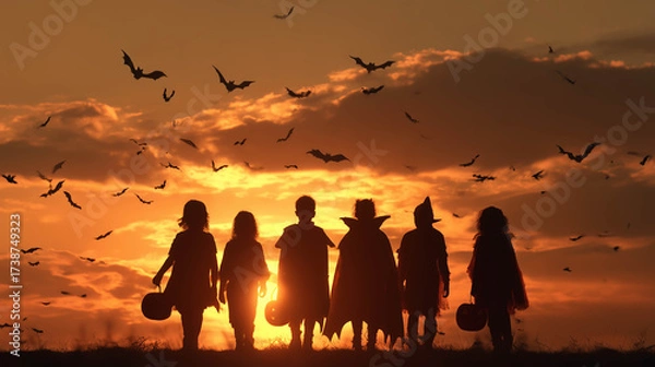 Fototapeta Silhouettes of people under golden sunset sky with flying bats, representing Halloween night, spooky mystery, and festive evening charm.
