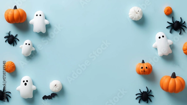 Fototapeta Minimal Halloween composition with small pumpkins and white ghosts on pastel blue background, ideal for creative greeting cards and posters.