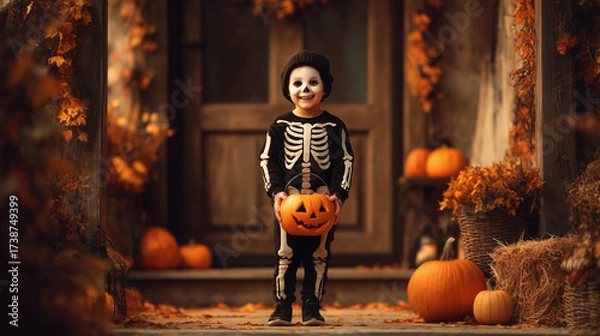 Fototapeta Cute child dressed as a skeleton holding a pumpkin and smiling, symbolizing fun, joy, and playful spirit of Halloween night.