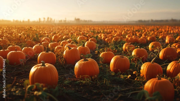 Fototapeta Vast pumpkin field glowing in the soft morning sunlight, capturing the essence of autumn harvest and Halloween season’s natural beauty.
