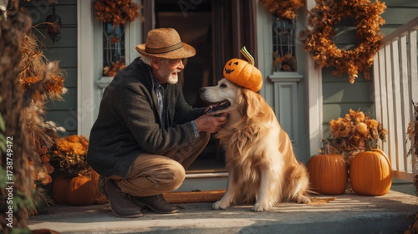Fototapeta Elderly man smiling and petting his golden retriever wearing a pumpkin on its head, celebrating the Halloween season with warmth and friendship.