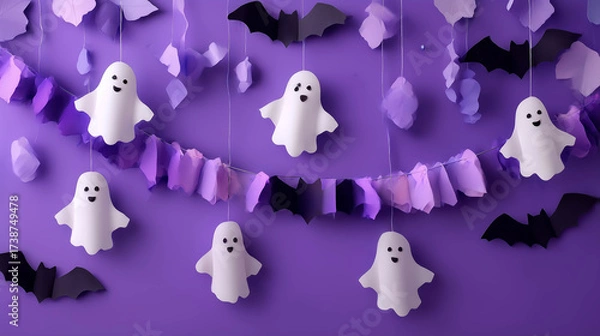 Fototapeta Adorable white ghosts and black bats hanging on a purple background, symbolizing playful Halloween decor and fun spooky celebration.