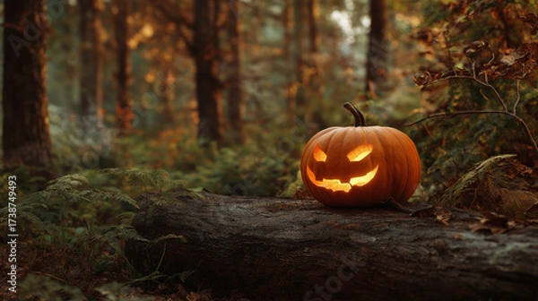 Fototapeta Glowing jack-o’-lantern pumpkin resting on forest ground surrounded by autumn leaves, representing the essence of Halloween night and fall season.