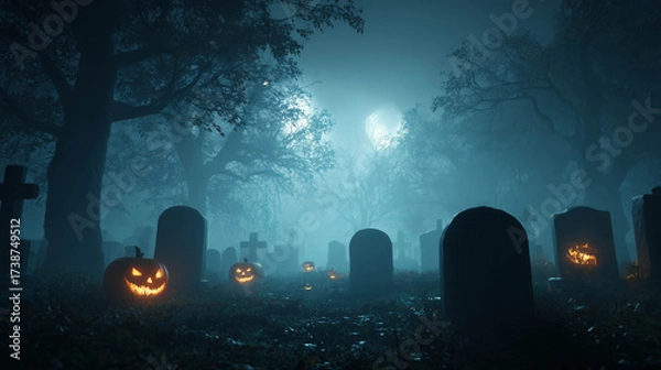 Fototapeta Spooky fog-covered graveyard under bright moonlight, symbolizing Halloween fear, mystery, and ghostly horror in a cinematic night scene.