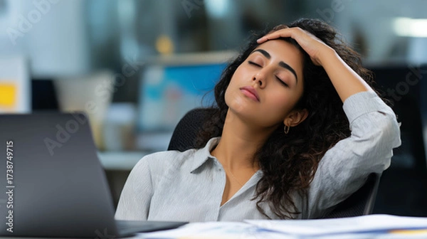 Fototapeta Indian woman sitting at her desk with eyes closed and hand on forehead, showing signs of workplace fatigue, stress, and exhaustion from corporate workload and deadlines.