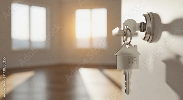 Obraz House-Shaped Key Fob on Silver Door Lock Against White Wall – Sunlit Empty Room Symbolizing New Home Transition