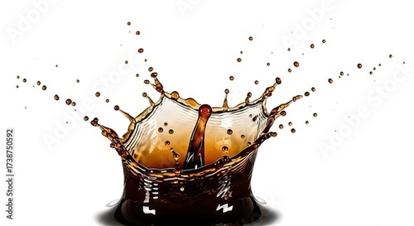Fototapeta Dramatic coffee splash with droplets suspended in midair, isolated on white background for a dynamic effect