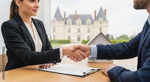 Obraz Real Estate Deal Handshake Over House Model, Contract, and Keys on Office Desk – Home Sale Agreement with Agent and Client Concept