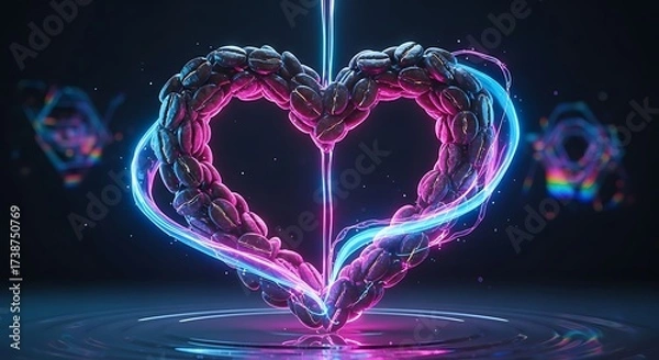 Fototapeta Heart shape made of coffee beans with neon light, a symbol of love and passion for coffee
